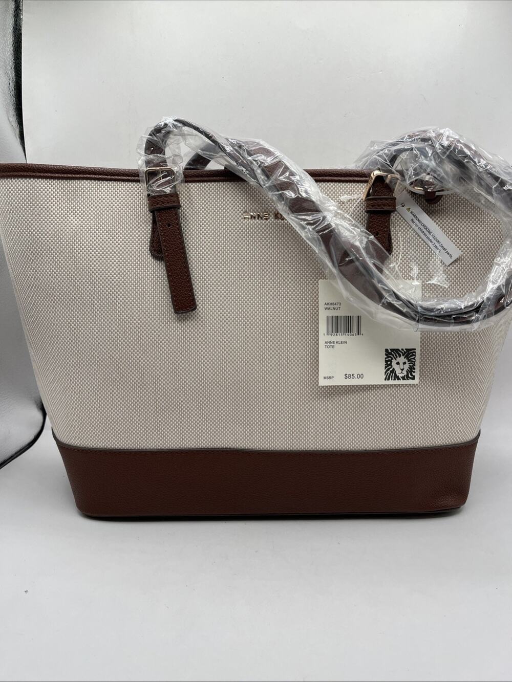 Anne Klein Beige Canvas Brown Leather Large Shoulder Shopping Tote Bag NWT